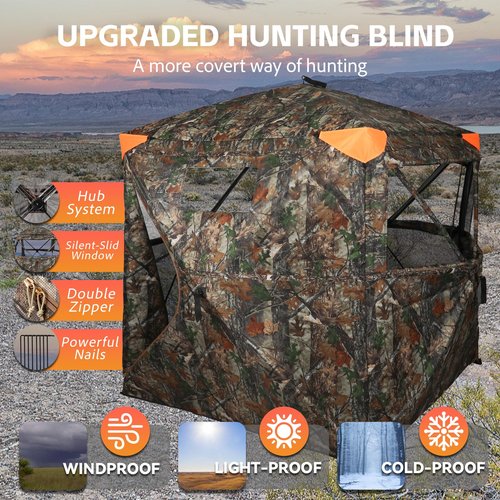 FUNHORUN Hunting Blind 360 Degree See Through Double Door Ground Blind for Hunting, 2/3 Person Pop Up Portable 58" Camouflage Deer/Turkey Tent with Blaze Orange Safety Panels