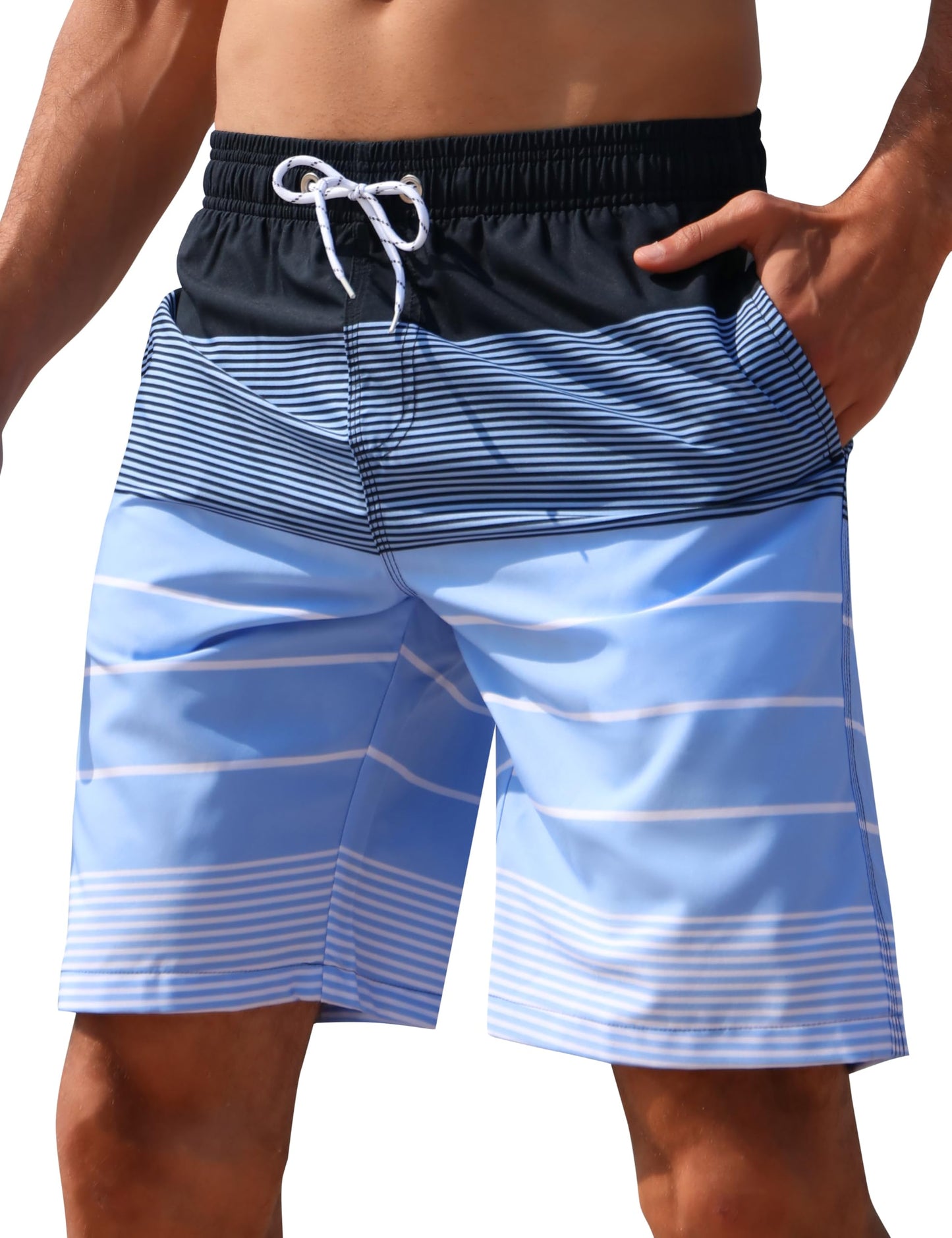 ELETOP Men's Swim Trunks Quick Dry Bathing Suit Swimming Board Shorts Mesh Lining Beach Swimwear Stripe Blue XL
