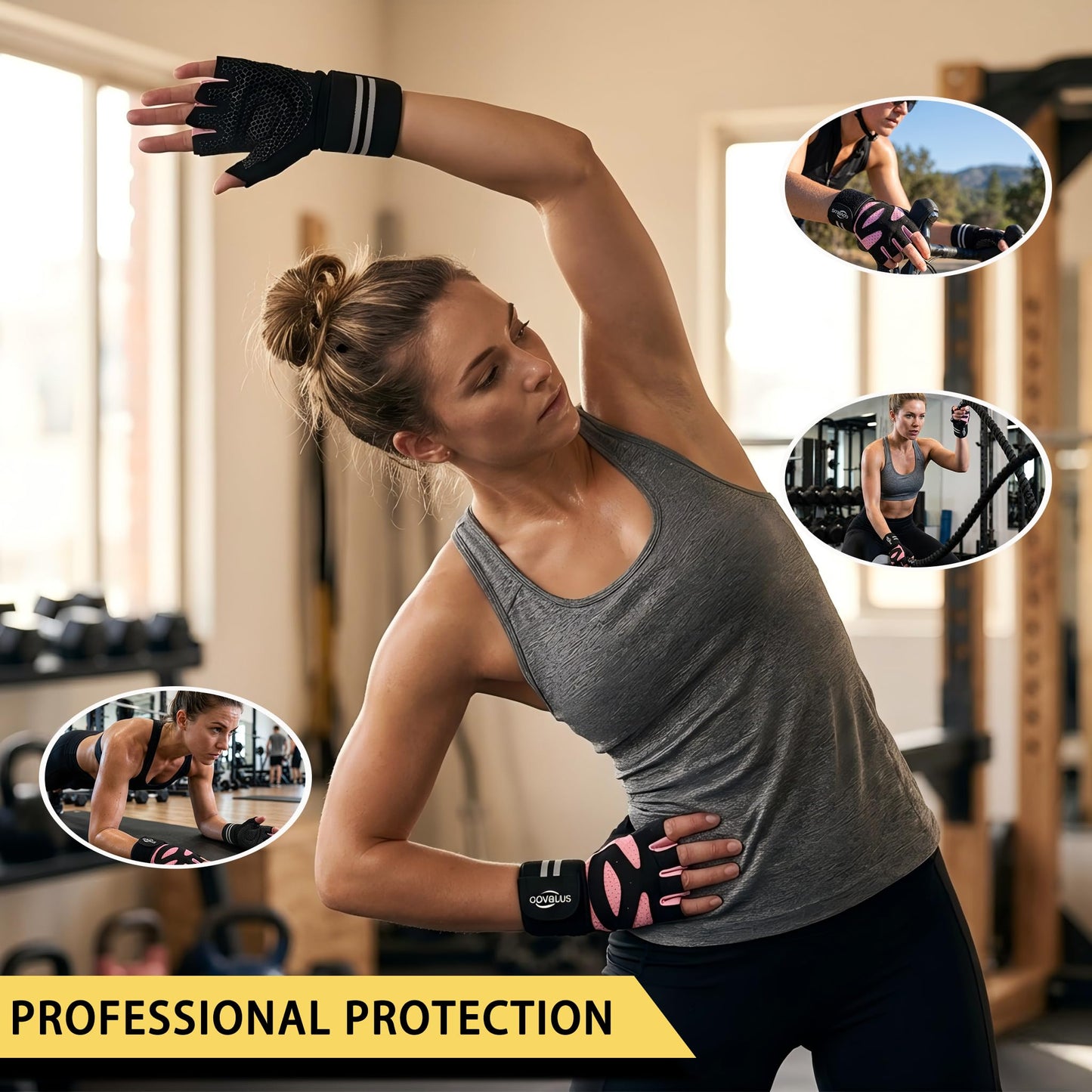 Govblus Workout Gloves for Men and Women with Wist Support, Exercise Gloves for Weight Lifting, Cycling, Gym Gear, Training, Fingerless, Breathable and Snug fit(Pink, Medium)