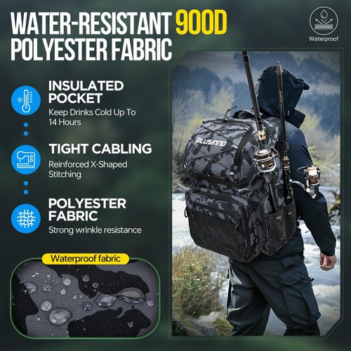 PLUSINNO Fishing Backpack with Rod Holders & Cooler, 45L Large Water-resistant Tackle Bag, Black Camo