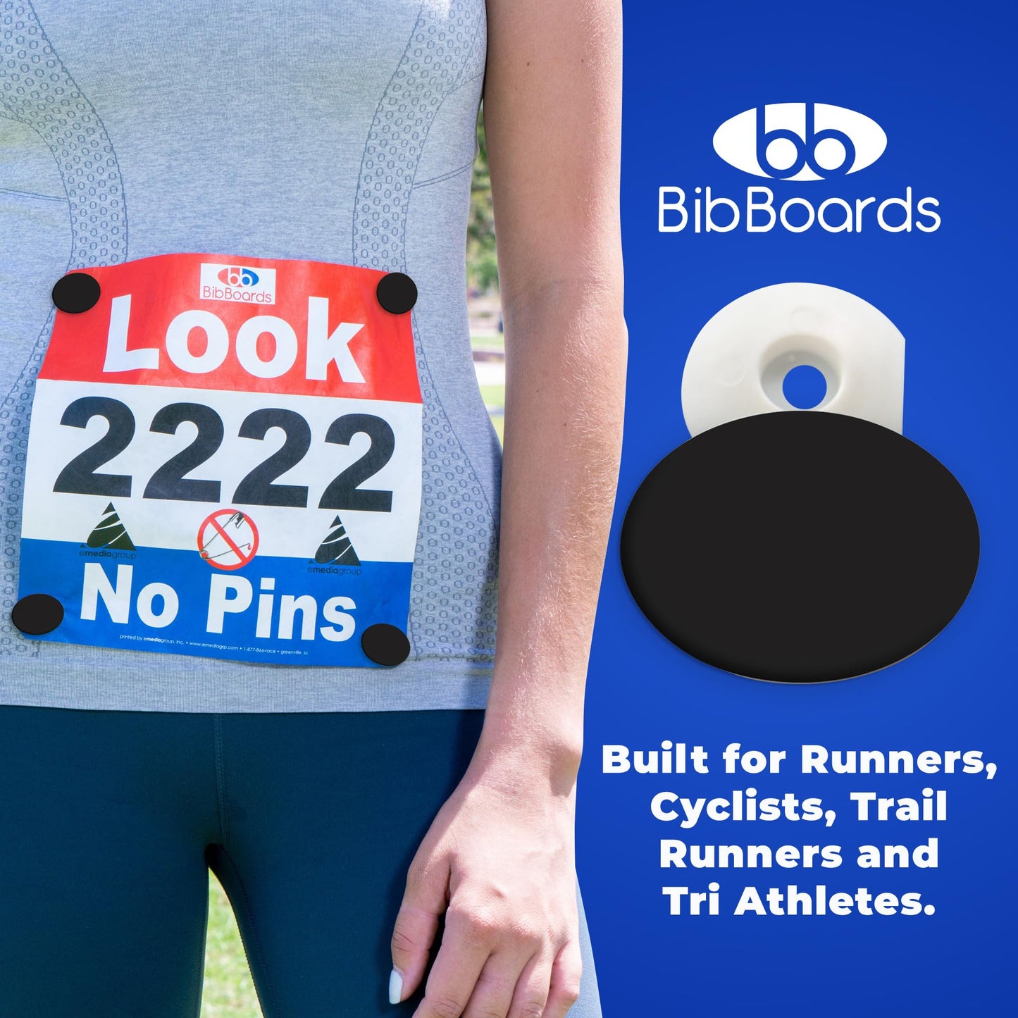 bibSNAPS Race Bib Clips - Safety Lock Fasteners - Secures Running, Marathon, Cycling and Event Number, Non Magnetic, Easy to Use, Soft & Reusable - Replacement for Pins & Magnets - Solid Black (4pcs)