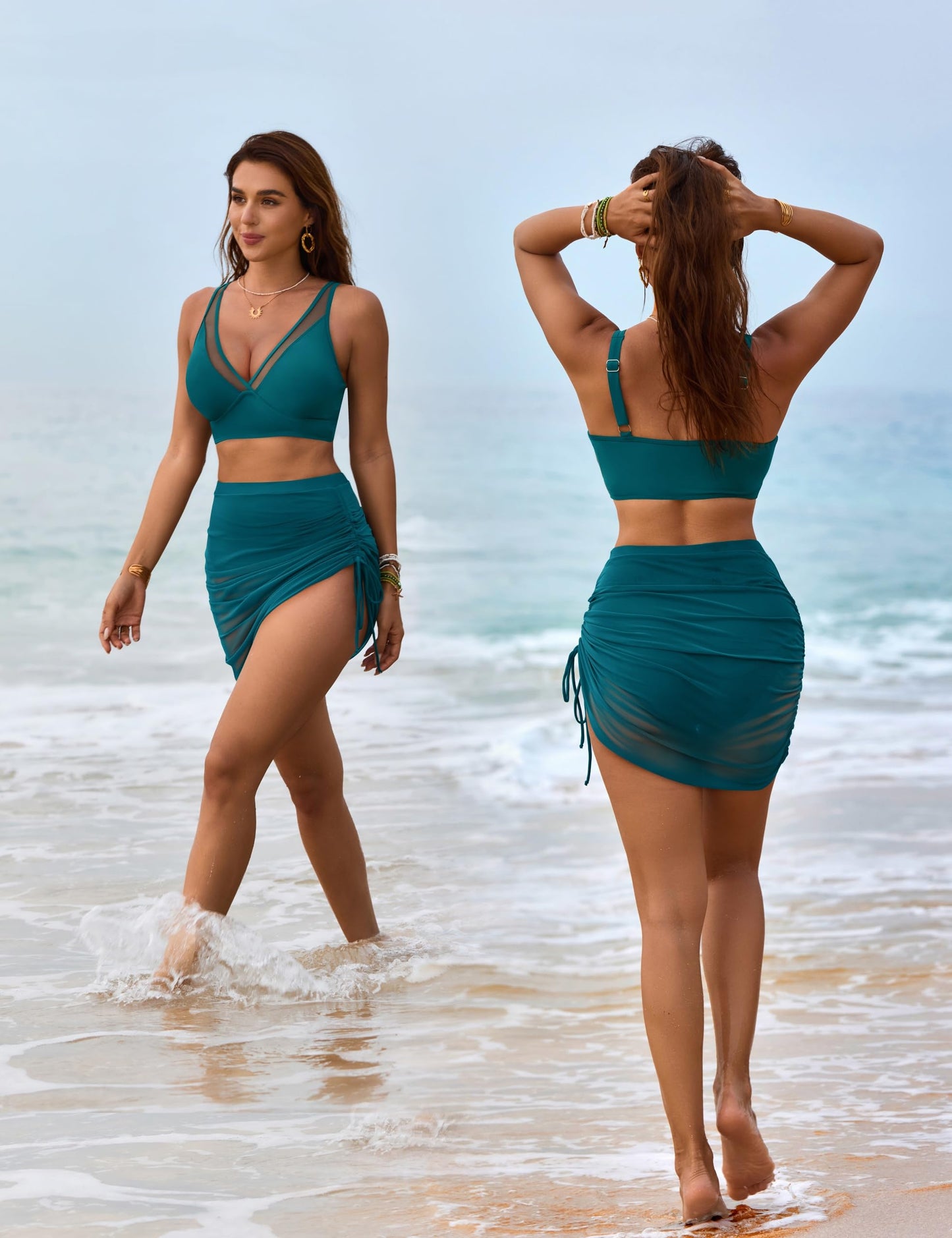 Blooming Jelly Womens Swim Dress High Waisted Bikini Sets Tummy Control Swimsuits Slimming Bathing Suit (M, Blue Green)