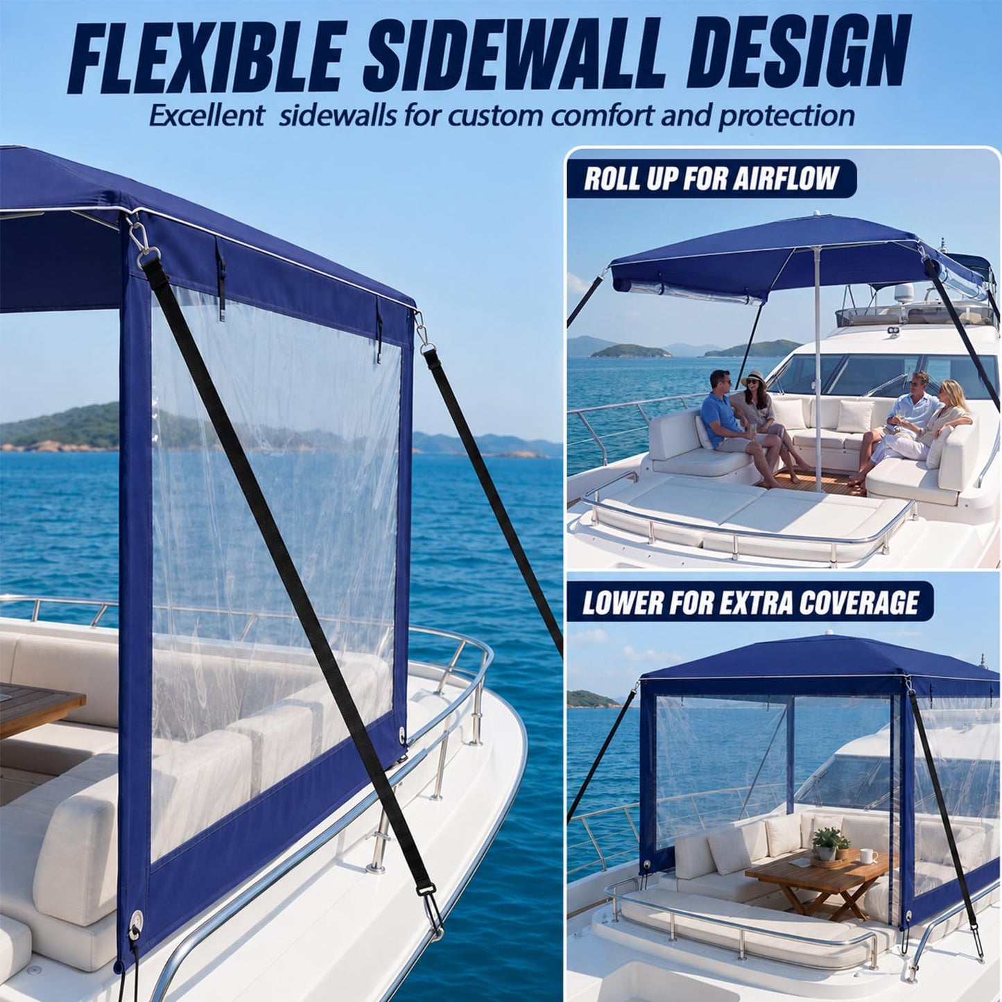 Briwooody Dark Blue Boat Umbrella Sun Shade with Sidewalls Kit 6' x 6' Boat Sun Cover Anti-Ultraviolet, Adjustable Aluminum Pole to 8 Feet with Ropes and Storage Bag Fits Most Boats and Benches