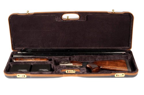 Negrini Deluxe O/U Shotgun Case – Airline-Approved Hard Case for 1 Shotgun + 1 Extra Barrel – Leather Trim – Navy/Grey – 1653LX/5005