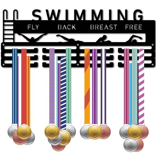 CREATCABIN Swimming Medal Holder Hanger Black Metal Iron Medal Rack Organizer Medal Stand Frame Hanging Over 60 Medals Wall Mounted Hanger for Dancer Ballet Runner 15.7 x 6Inch-Fly Back Breast Free