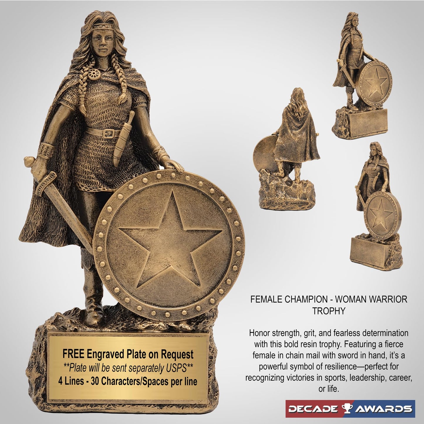 Decade Awards Female Champion Trophy - Engraved Woman Warrior Award - Celebrate Her Strength, Triumphs, and Unstoppable Spirit - Custom Engraved Plate on Request (6.75 Inch Tall)