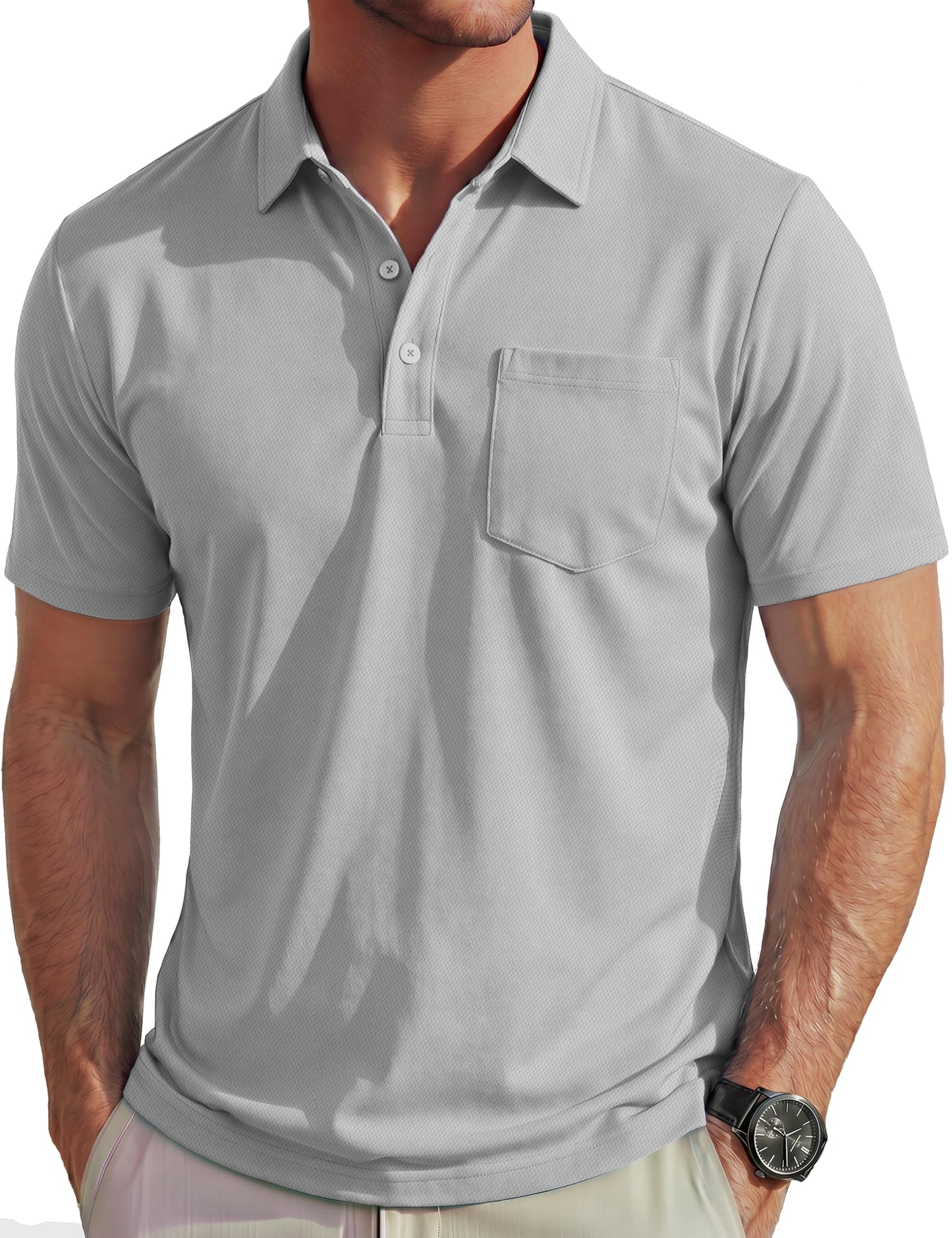 MAGCOMSEN Mens Polo Shirts Short Sleeve Collared Golf Shirt with Pocket Moisture Wicking Quick Dry Performance Athletic Polos Light Gray