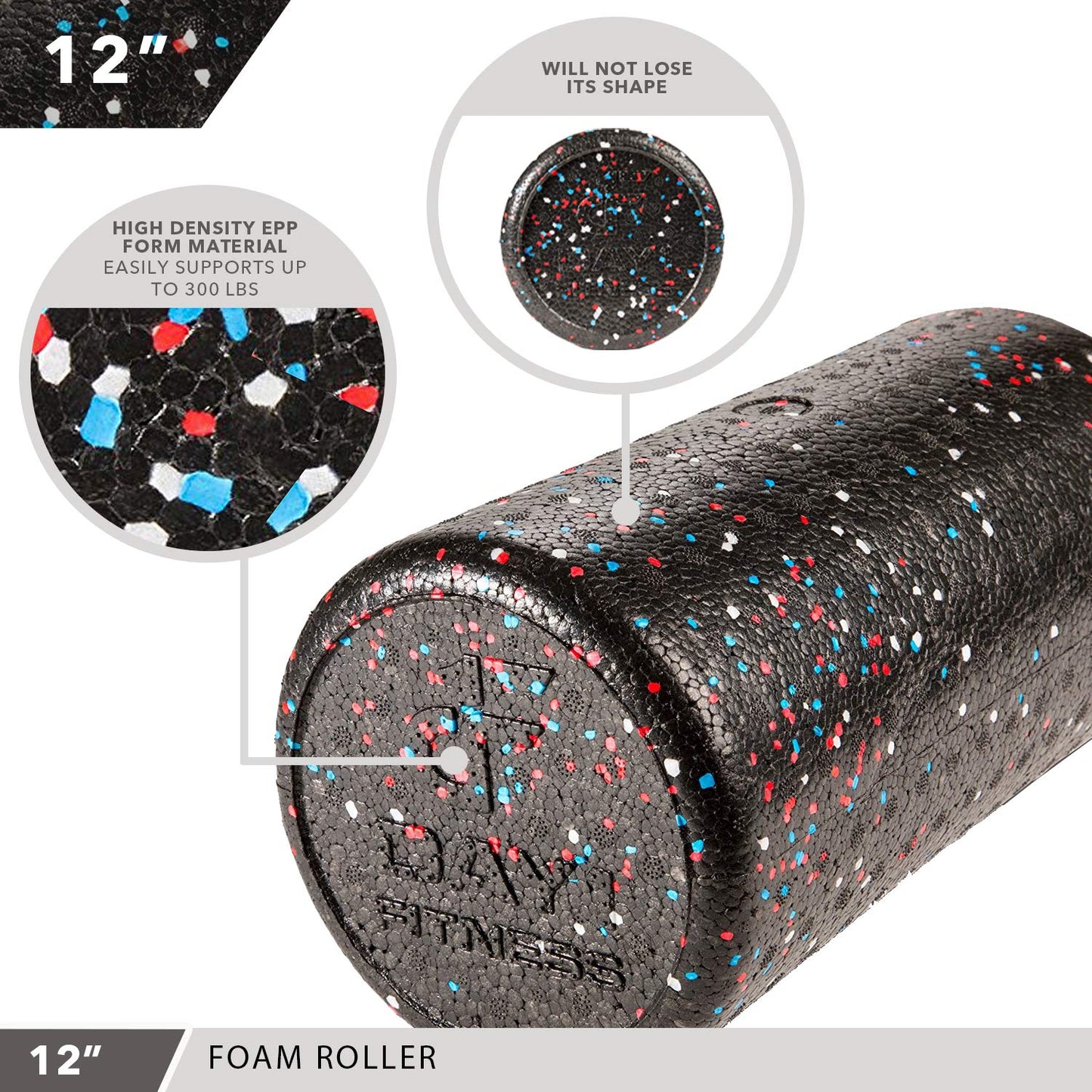 Day 1 Fitness High Density Muscle Foam Rollers - Sports Massage Rollers for Stretching, Physical Therapy, Deep Tissue, Myofascial Release - Ideal for Exercise and Pain Relief – USA Speckled, 12”