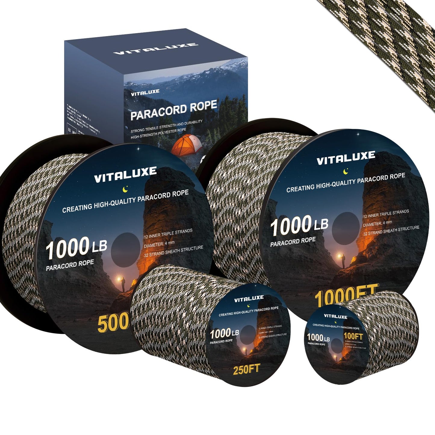 VITALUXE 1000lb Paracord Rope, 4mm 12 Triple Strands 1000FT, Forest Camo