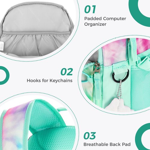 Choco Mocha Tie Dye Backpack for Teen Girls, Travel School Backpack for Girls Middle School Large Bookbag 18 Inch, Teal Green