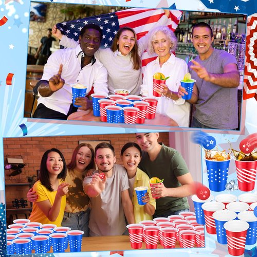 Foilswirl 32 Pcs 4th of July Party Game Set Include 16oz Patriotic 4th of July Plastic Cups with 8 Balls Red White Blue Cups for Independence Day Party Decor Juice Beverage Outdoor Toss Game Supplies