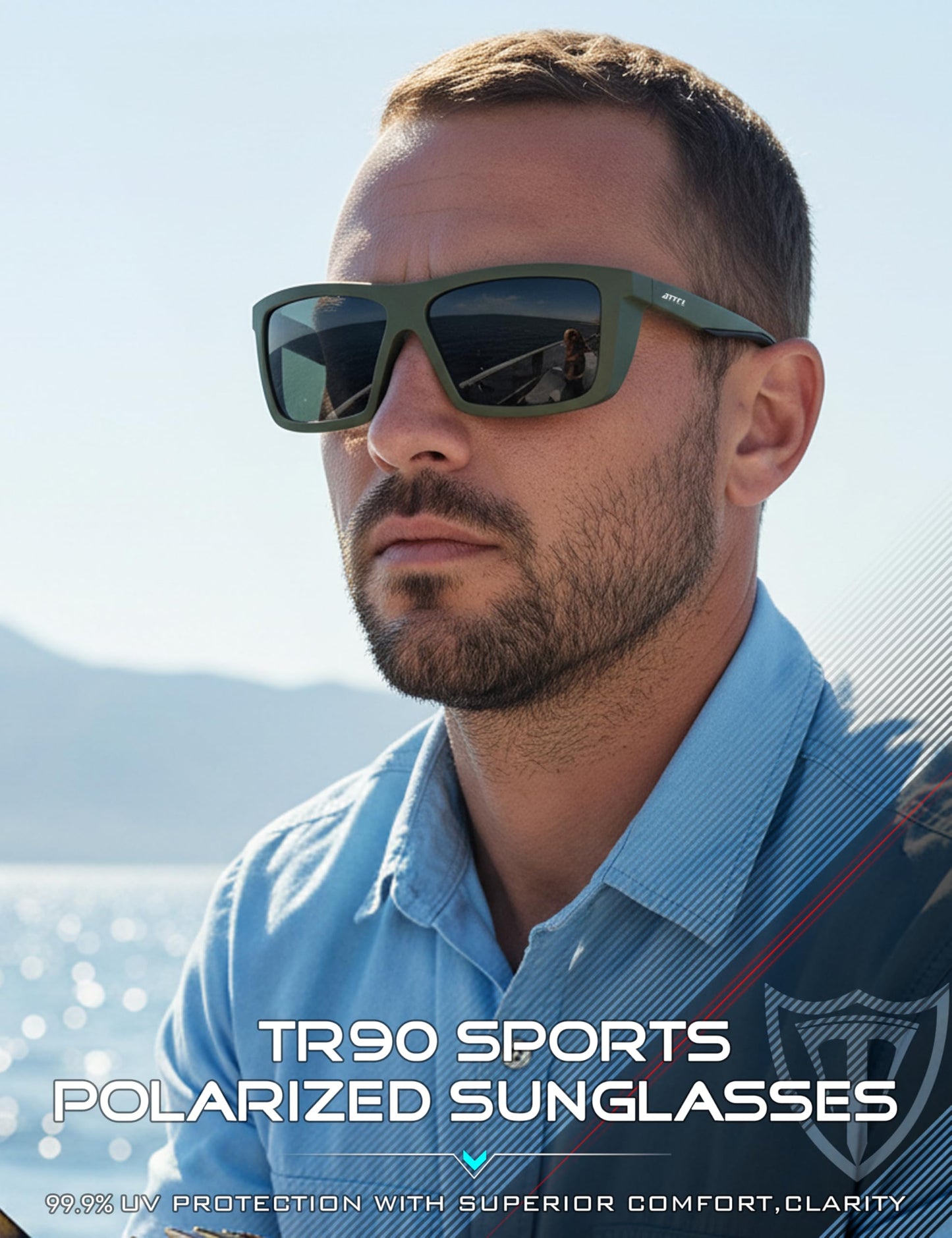 ATTCL Sports Polarized Sunglasses for Men: Secure Anti-Slip Lightweight TR90 Square Frame UV Protection for Driving Fishing Climbing 1124 Darkgreen Grey