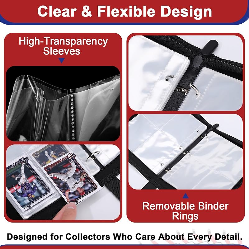 Baseball Card Binder 440 Pockets with Sleeves - 55 Pages, PU Leather, Zipper & 3-Ring Bind, Portable Card Album (Variation: 440 Pockets)