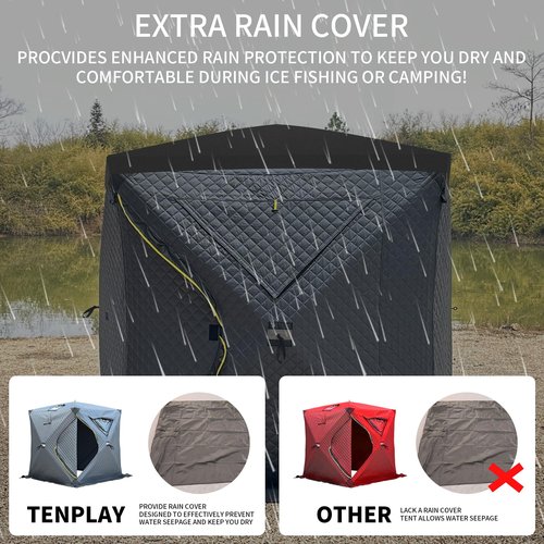 TENPLAY Portable Pop Up3-4 Person Ice Fishing Shelter,Fully Insulated Winter Ice Fishing Shanty,Sauna Tent with 3-Layer Thermal Hub,Windproof,Warm,All-weatherr,with CarryBag,Ice Anchors,Rain Cover