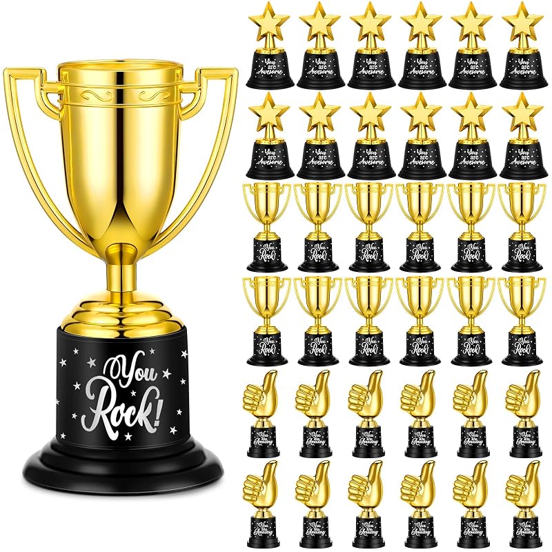 Bulk 36 Pack Gold Trophy Awards - 3 Styles, 4.6-5 Inch Plastic Trophies