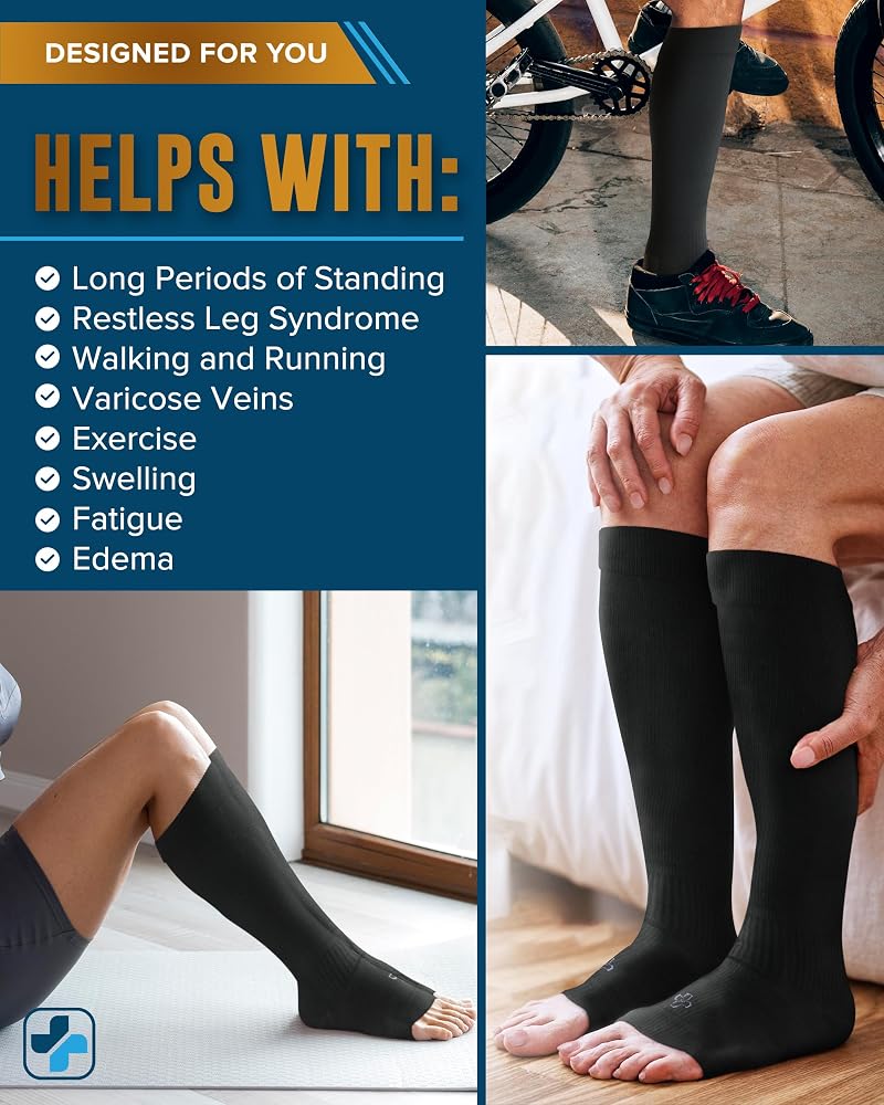 Copper-Toe Open Toe Compression Socks for Men & Women 20-30 mmHg - 3 Pairs Black (Variation: Large)