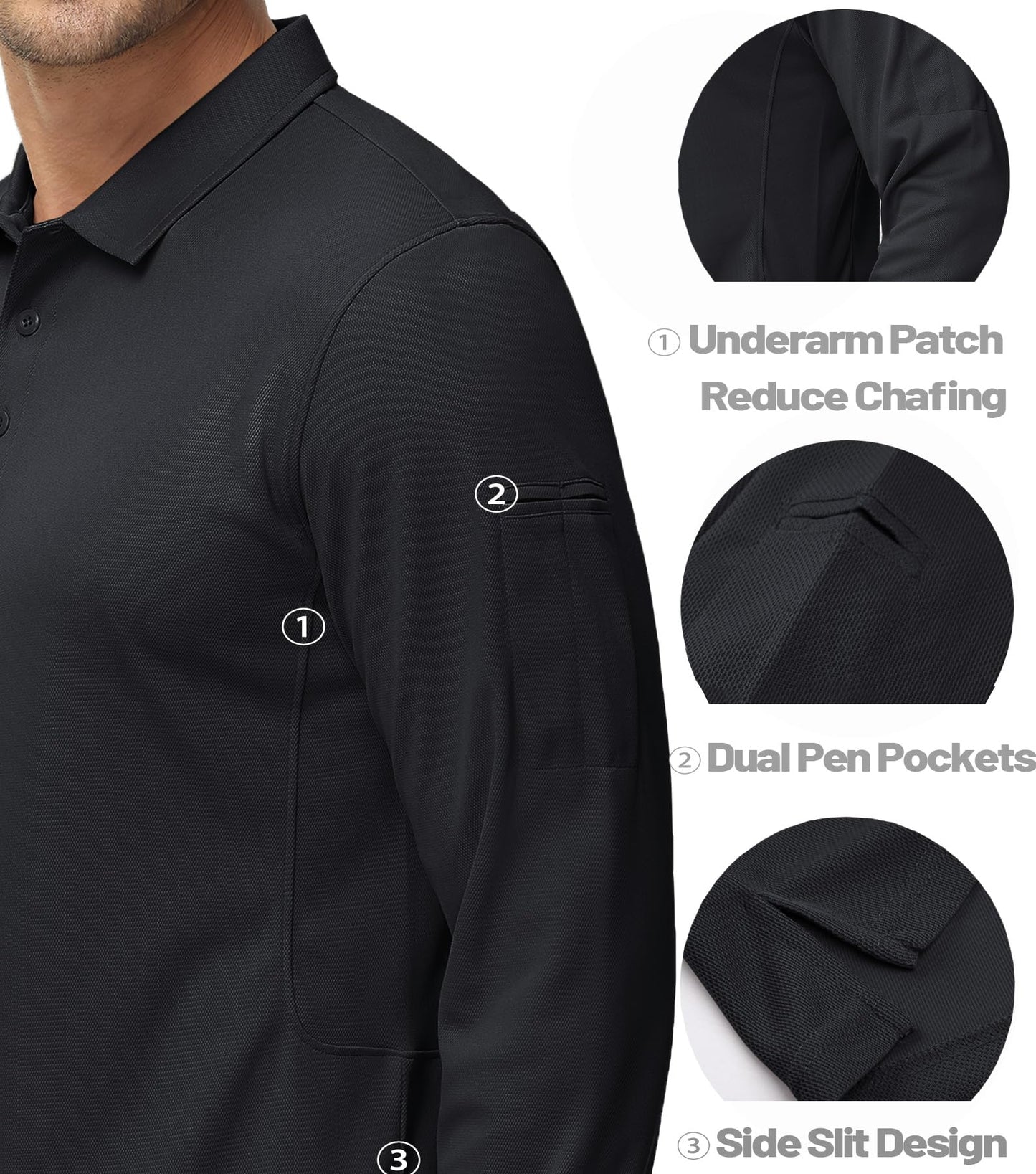 MAGCOMSEN Men's Classic Fit Golf Polo Shirt Long Sleeve Quick Dry Casual Polyester Black