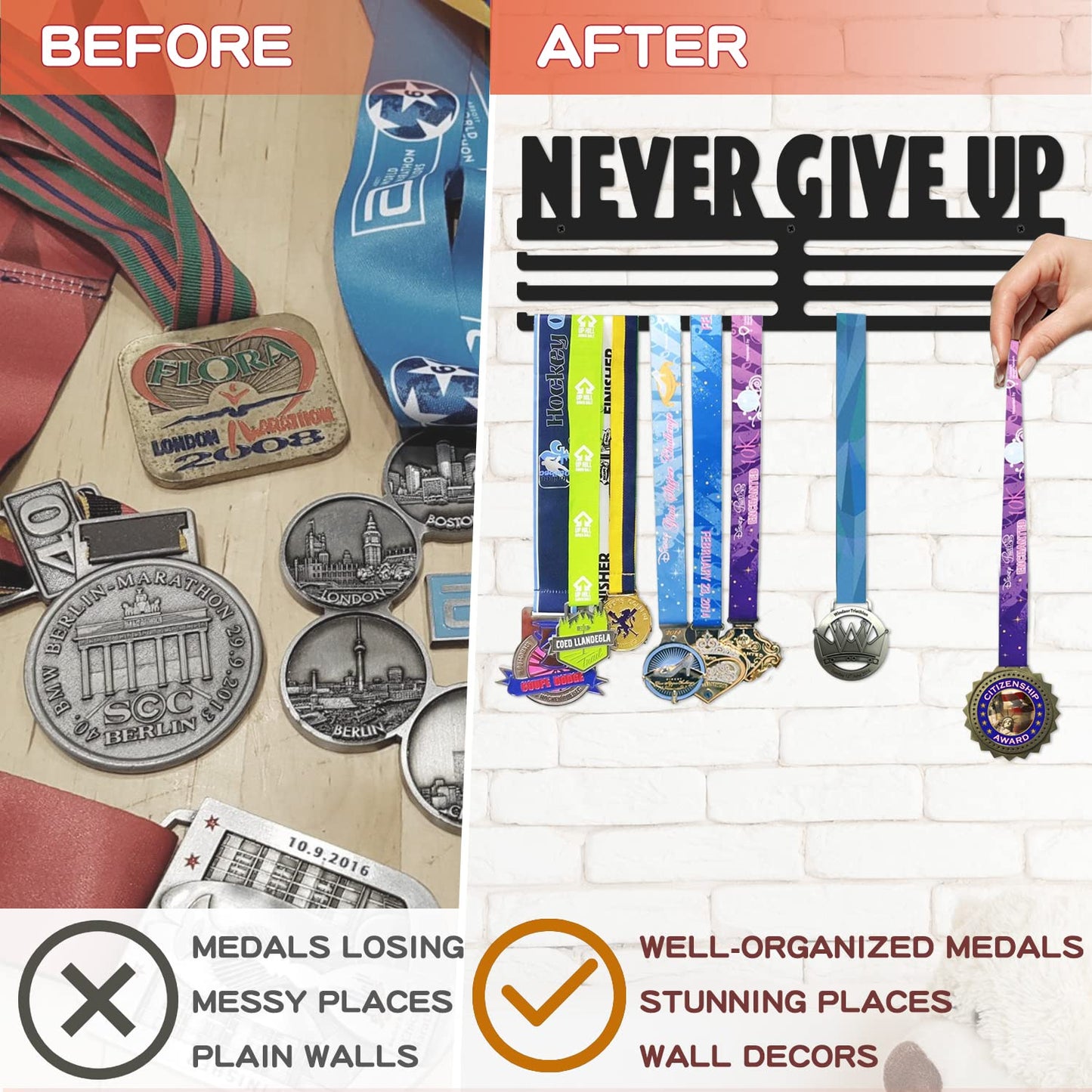 Bliocefo Medals Hanger Holder Display Steel Rack Hooks 15 inches Wall Mount Frame Over 60 Medals-Sports Medal Hook Storage Organizer Never Give Up Ribbon with Easy Hanging Bars Black 3 Lines