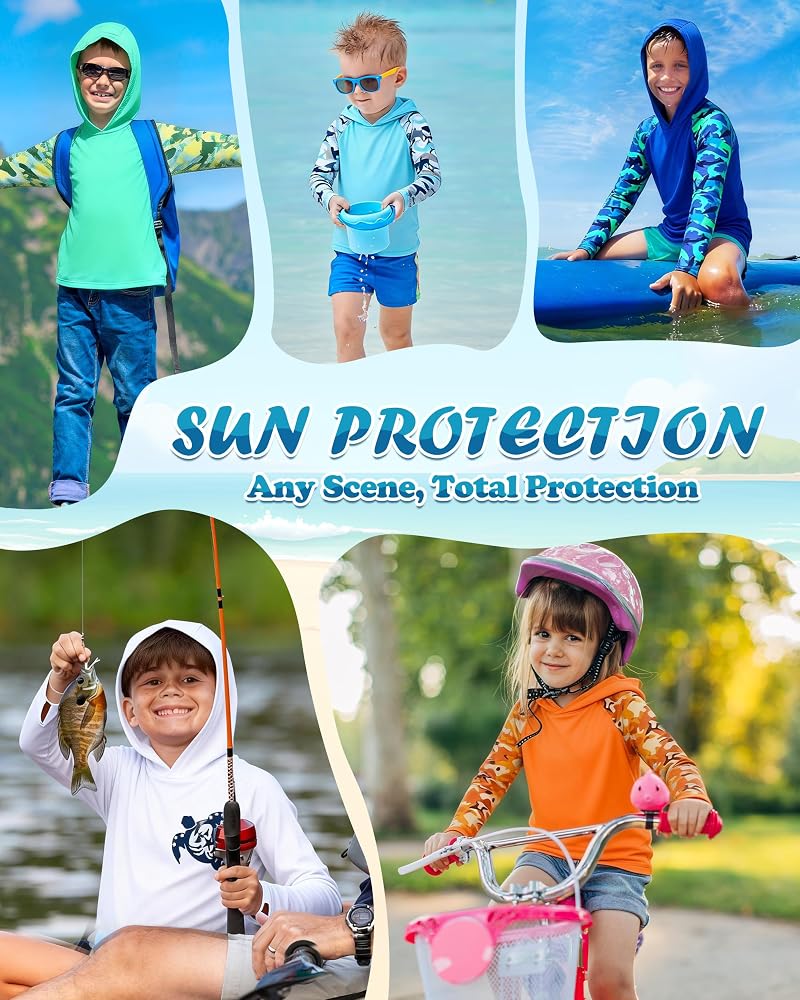 Boys Rash Guard Swim Hoodie - Long Sleeve Sun Protection Shirt, Azure Blue 4T