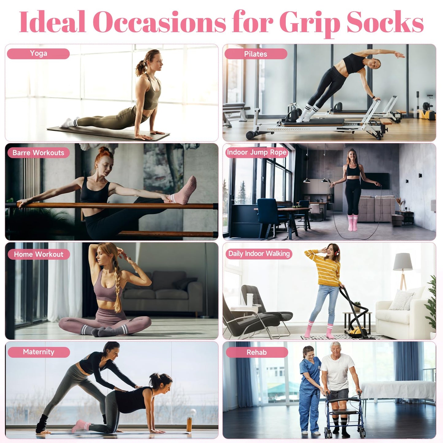 SPORTIC Pilates Socks with Grips for Women, Non Slip Yoga Socks Barre Crew Grippy Sticky Socks for Workout, Dance, Hospital – 4 Pairs Athletic Anti Skid Grip Socks