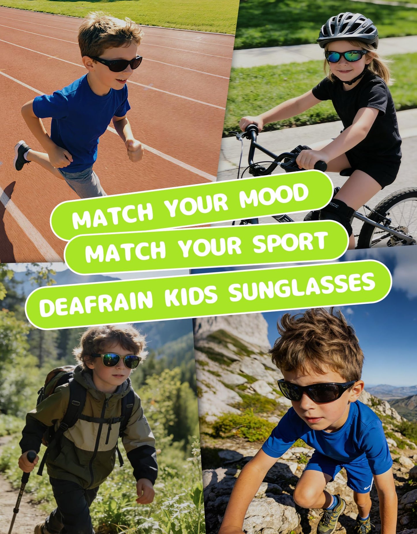 DEAFRAIN Kids Sunglasses for Boys Girls Child Youth Sports Polarized Baseball Running Cycling Black Green Glasses with Unbreakable Frame for Age 8 9 10 11 12 13 14
