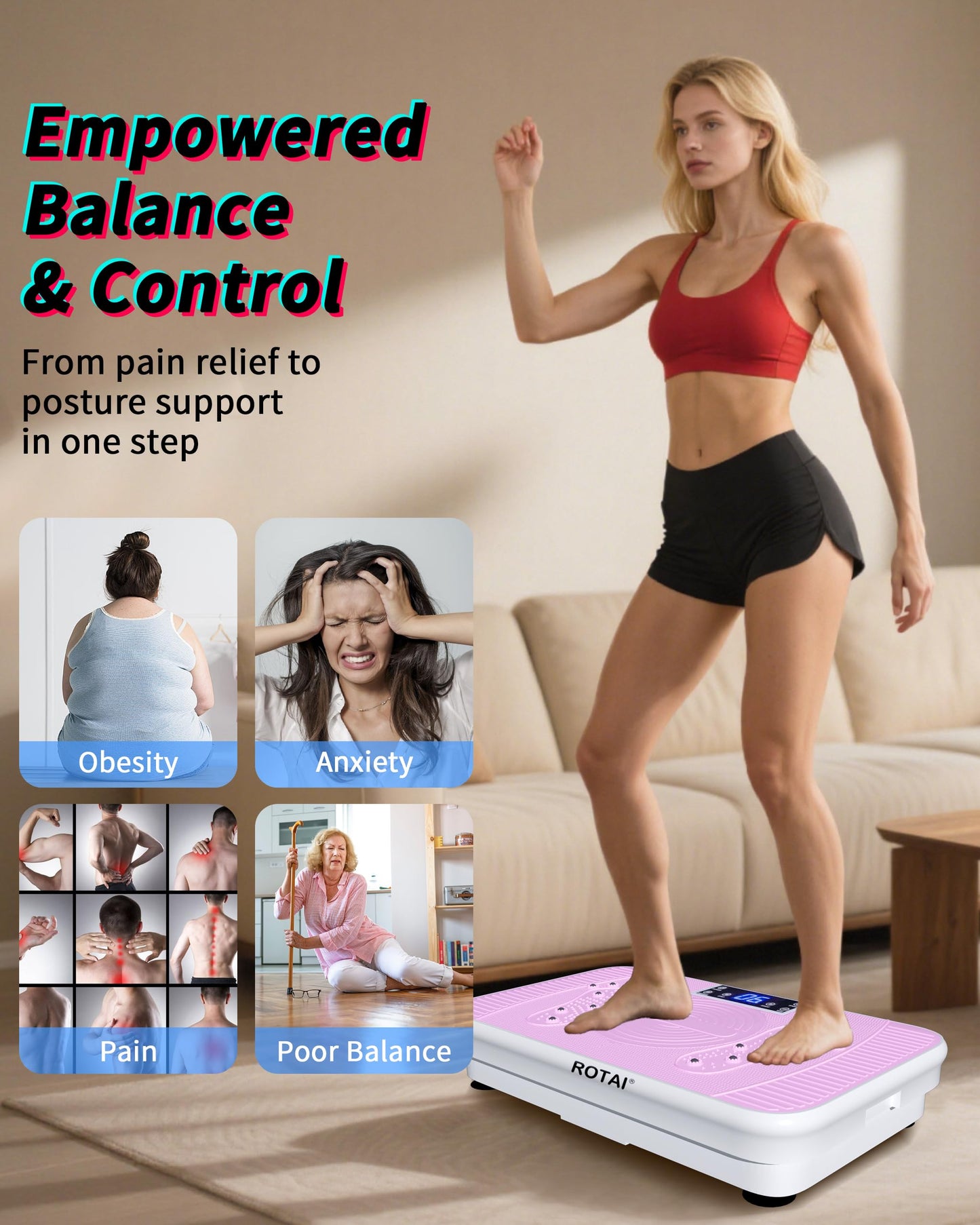 ROTAI Shake Plate Vibration Exercise Machine for Lymphatic Drainage Massager and Weight Loss, 400 lbs Capacity Whole Body Vibrating Plate Workout Fitness Platform for Women and Men (Black)