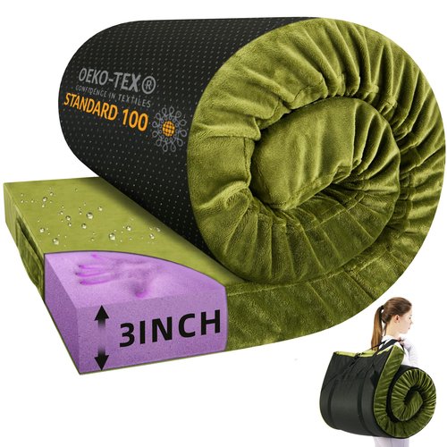 BDEUS Memory Foam Camping Mattress Pad 3inch Cot Size Waterproof Roll Up Bed Sleeping Mat for Adults Portable Roll Up Mattress for Travel Guest Floor Bed Cot Mattress for Car, Tent