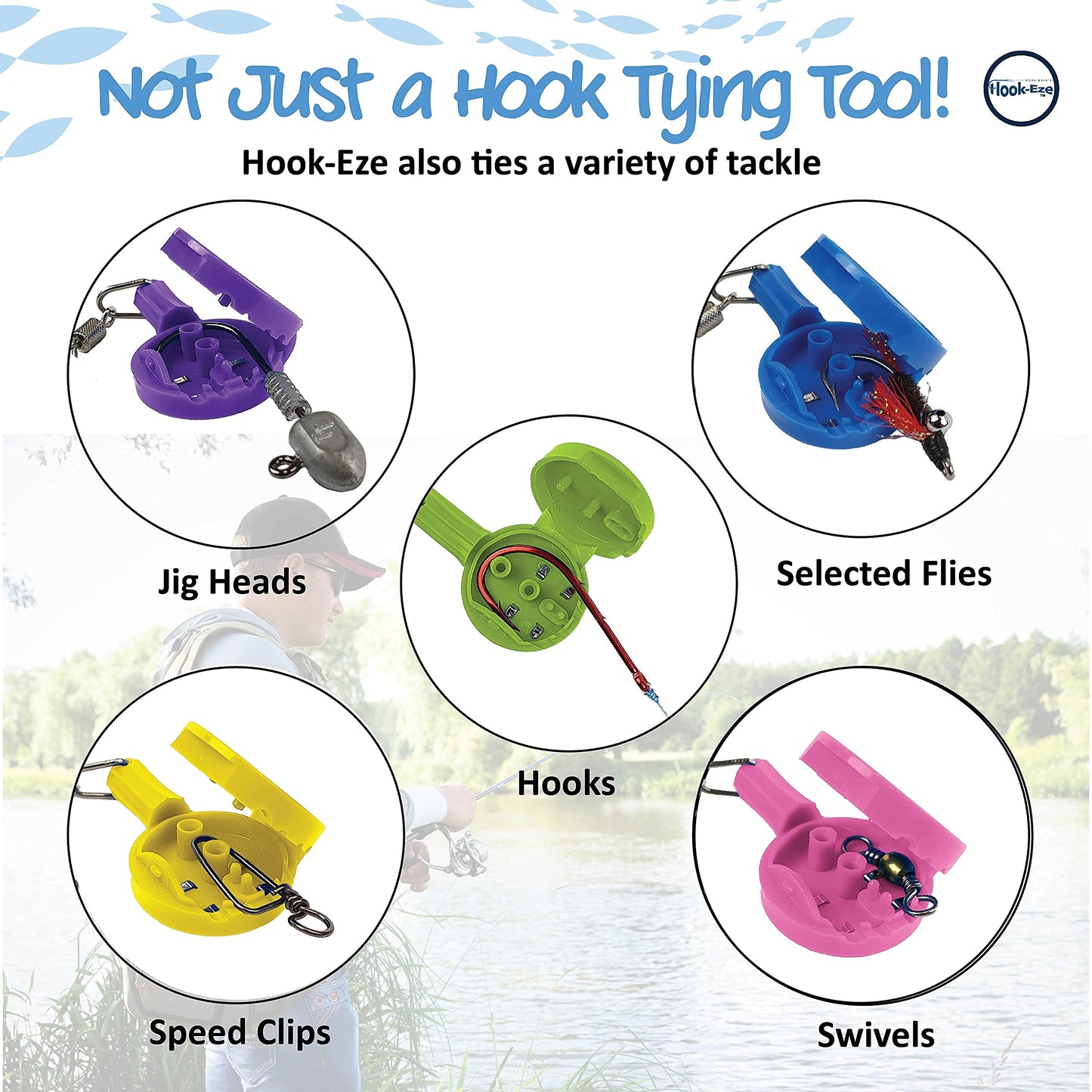 HOOKEZE Fly Fishing Safe Knot Tying Tool, Standard Yellow & Large Blue Combo - for Fishing Hooks, Jig Heads, Flies, Line Cutter, Swivels, Safe Hook Covers - Suitable for Bass, Kayak and Fly Fishing