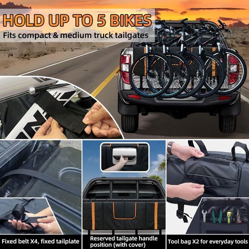 Tailgate Bike Pad for 5 Mountain Bikes, Tailgate Cover Made with Waterproof Material Flip-up Flap, Tailgate Protector with Reflective Strips and 2 Tool Pockets for Full-Size Trucks
