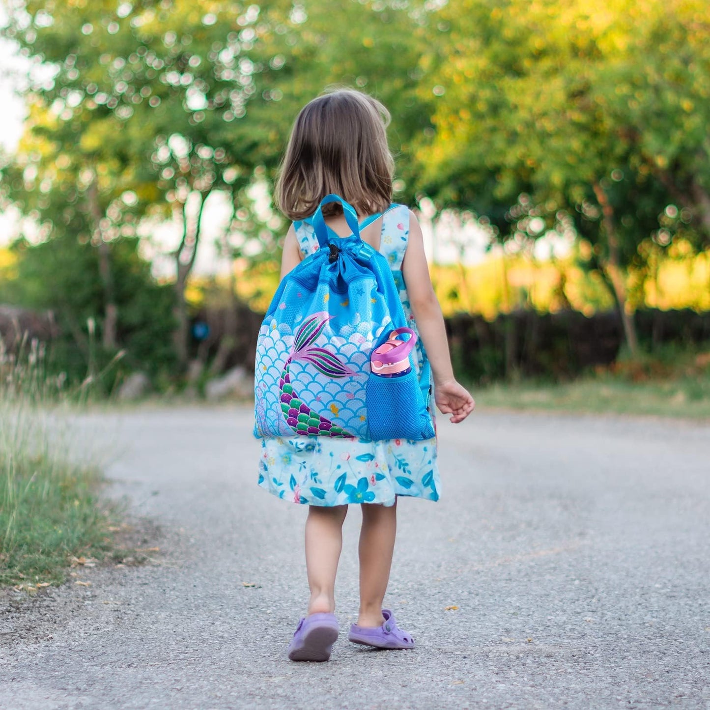 WAWSAM Drawstring Backpack for Kids, 15” × 17” Mermaid Gym Bag Cinch Bag for Girls Kids Waterproof Swim Beach Bag, Back to School Birthday Gift with Zippered Pocket and Bottle Pocket