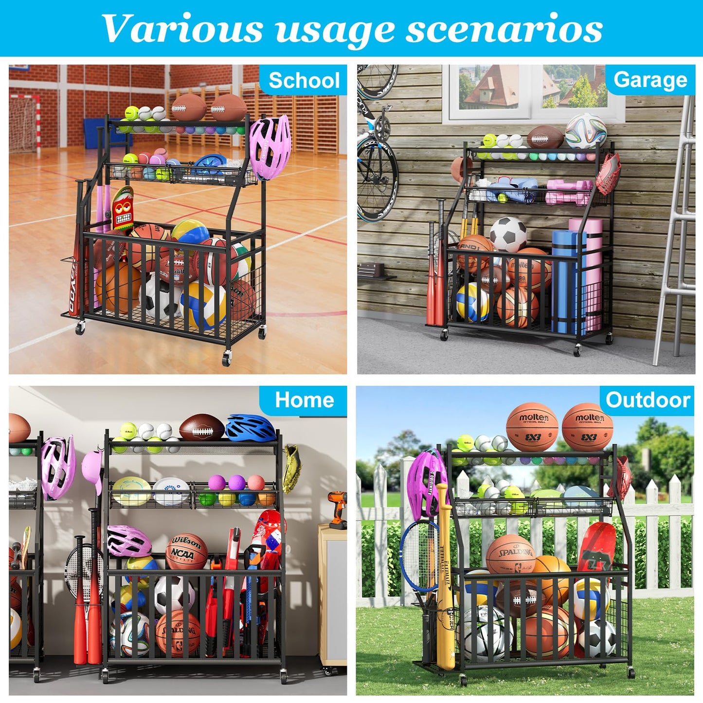 Jsskeeim Garage Sports Equipment Organizer,Sports Ball Organizer with Wheels,Mesh Pocket, Basket,Ball Organizer with Baseball Bat Rack and HooksToy Storage Rolling Cart-Black