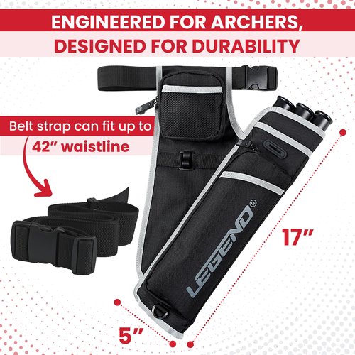 LEGEND First Archery Quiver Case for Arrows - Right Handed Target Shooting Hip Quivers with Adjustable Belt & 3 Arrow Tubes - Durable T-Slot & Storage Pockets for Accessories & Score Card - Black/Grey