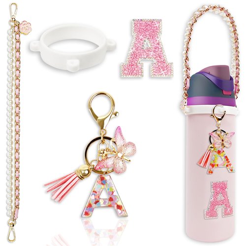 Letter Accessories for Owala Water Bottles – 24oz 32oz 40oz, with Cute Initial Charm and Handle Strap, Compatible with Free Sip, Coffee Tumbler, Owala Kids , Sway, Stanley Cup Accessories (Pink A)