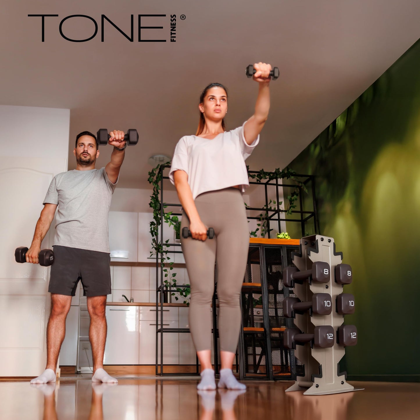 Tone Fitness 60 LB Neoprene Dumbbell Set with Storage Rack – Non-Slip, Anti-Roll Hand Weights for Home Gym Workouts | Light Gray Rack and Blue Dumbbells