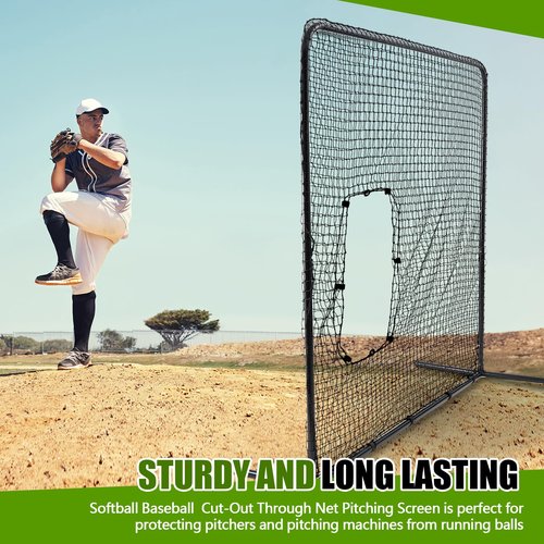 RoundFunny Baseball Pitching Net Screen 7ft x 7ft Softball Batting Machine Protective Screens with Steel Frame Carry Bag Cut-Out Through Net for Baseball Practice Training Equipment