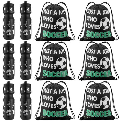 Reallnaive 12 Pcs Soccer Party Favors 24 oz Soccer Gift Water Bottle with Drawstring Bag Set Goodie Bags for Sports Team Gifts Birthday Decoration