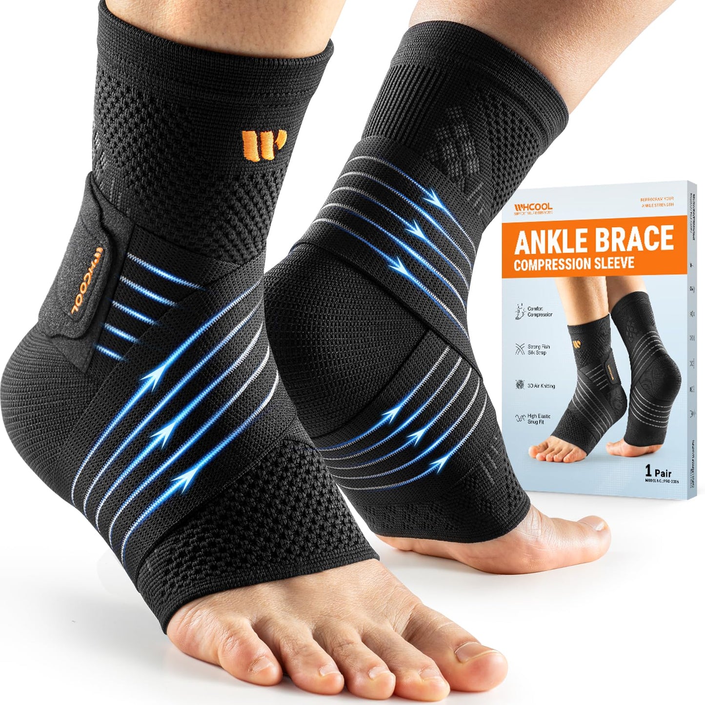 WHCOOL Low-Profile Ankle Braces for Women & Men, Customizable Ankle Compression Sleeve w/Wide Strap, Foot Support Wrap for Plantar Fasciitis Pain Relief, Achilles Tendonitis, Sprain, Black, 1 Pair, S