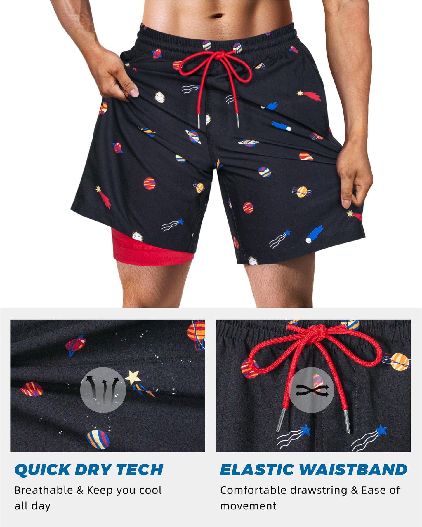 SURF CUZ Mens Swim Trunks with Compression Liner Quick Dry Swim Shorts 7" Swimming Trunks Stretch Zipper Pockets,Starwalk,S