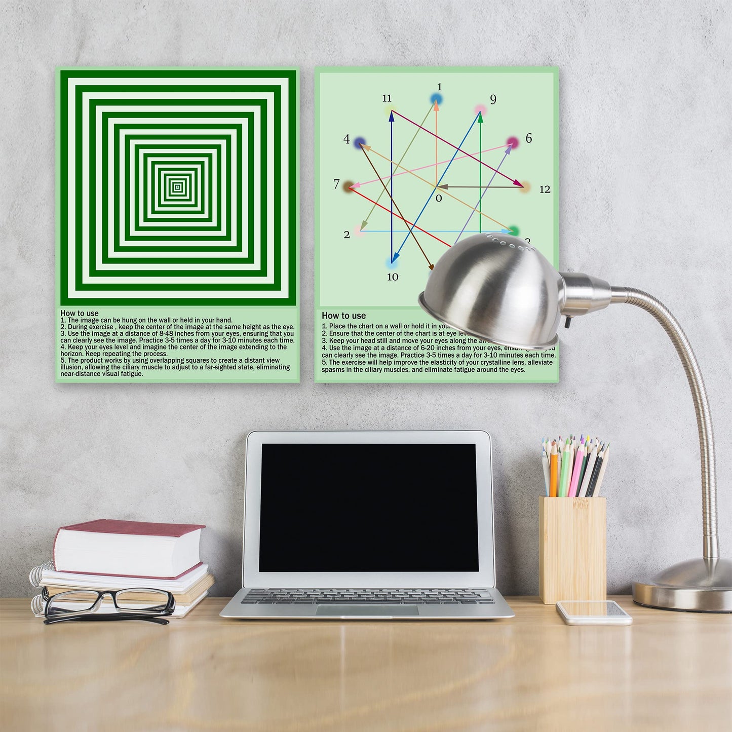 SADIKALO 6-Pack Eye Exercise Chart - Visual Muscle Relaxation Wall Art for Home, School, & Office - Waterproof Posters & Desk Signs