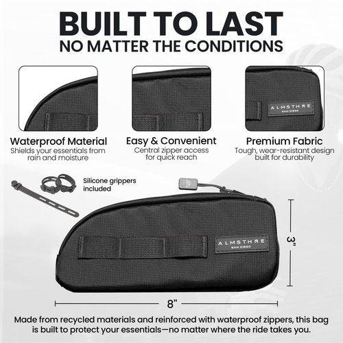 ALMSTHRE Top Tube Bag 8'' x 2'' x 3'' - Midnight Black | Waterproof, Secure & Stable ??Universal Bike Storage with Versatile Mounting ??Fits Essentials | Adventure-Ready Cycling Gear