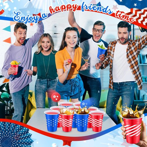 Foilswirl 32 Pcs 4th of July Party Game Set Include 16oz Patriotic 4th of July Plastic Cups with 8 Balls Red White Blue Cups for Independence Day Party Decor Juice Beverage Outdoor Toss Game Supplies