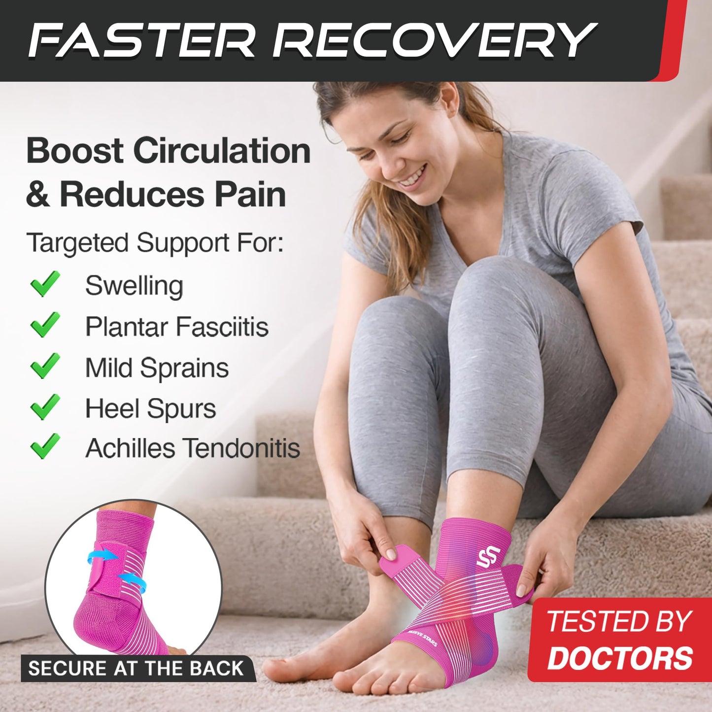 Sleeve Stars Ankle Brace for Women & Men, Ankle Wrap for Sprained Ankle, Compression Sleeve for Plantar Fasciitis Relief, Easy Customizable Support: w/Removable Strap (Single/S:9"-10"/Hot Pink)