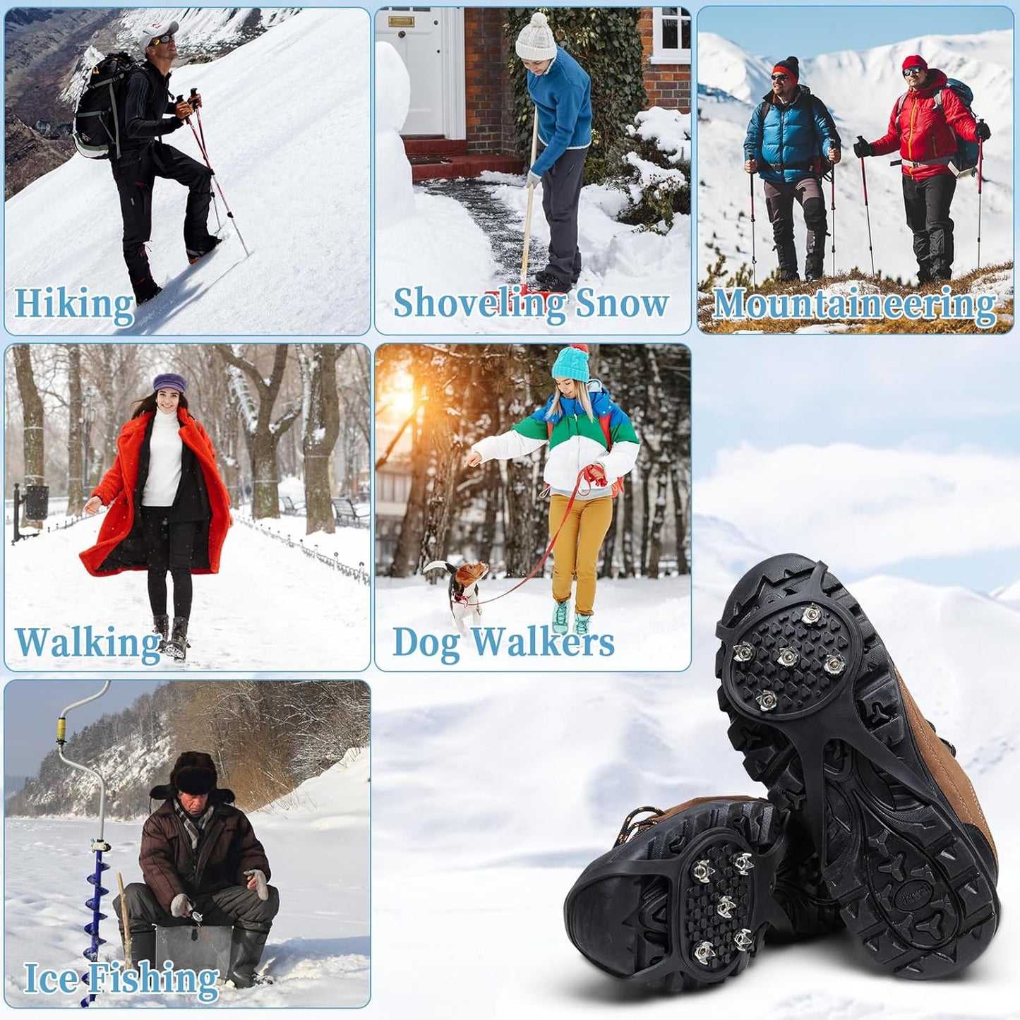 2 Pairs Non Slip Gripper Spike, Ice Grippers Traction Cleats Snow Shoe Spikes Grips Crampons with 10 Steel Studs Cleats