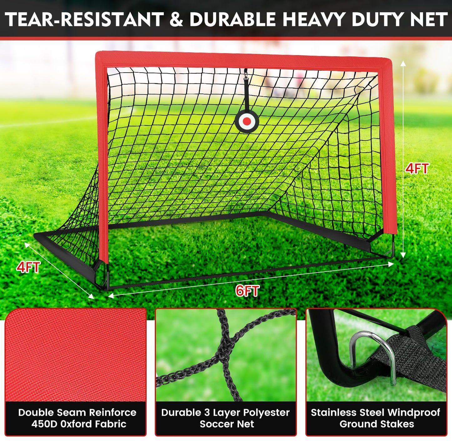 EVERRUSH 6' x 4' Soccer Goals Nets for Backyard Beach Pop Up Soccer Training Equipment Net Portable Goal Set with Ball, and Cones, Youth Outdoor Sports Games Football Goal with Carry Bag