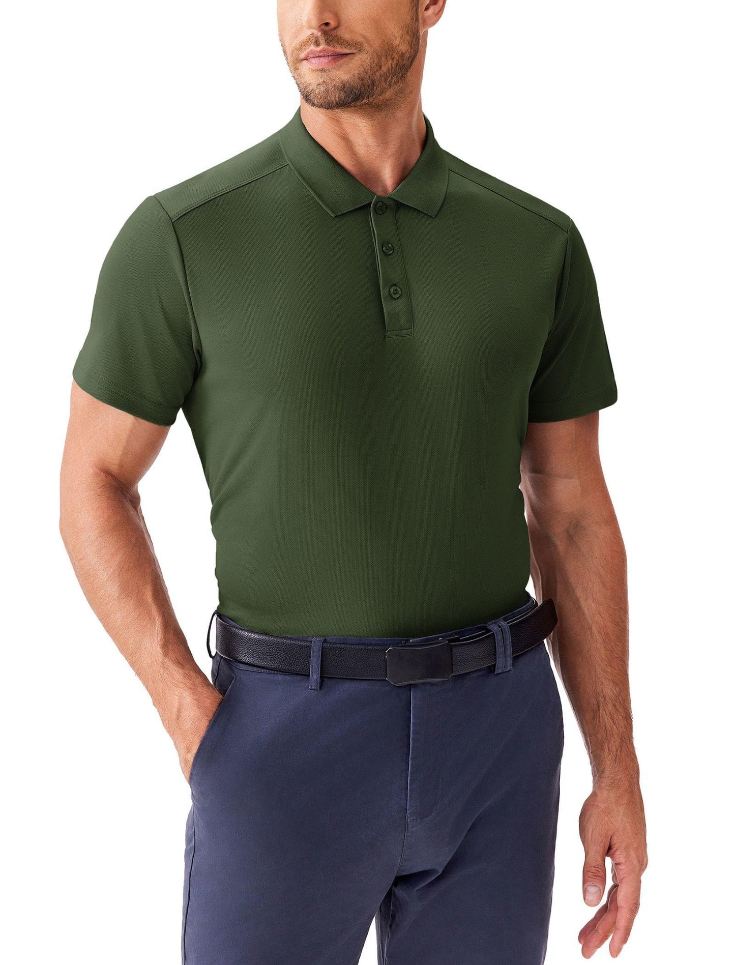 PINSPARK Men's Golf Polo Shirts Moisture Wicking Quick Dry Performance Short Sleeve Collared Shirt Slim Fit Athletic Polos Army Green