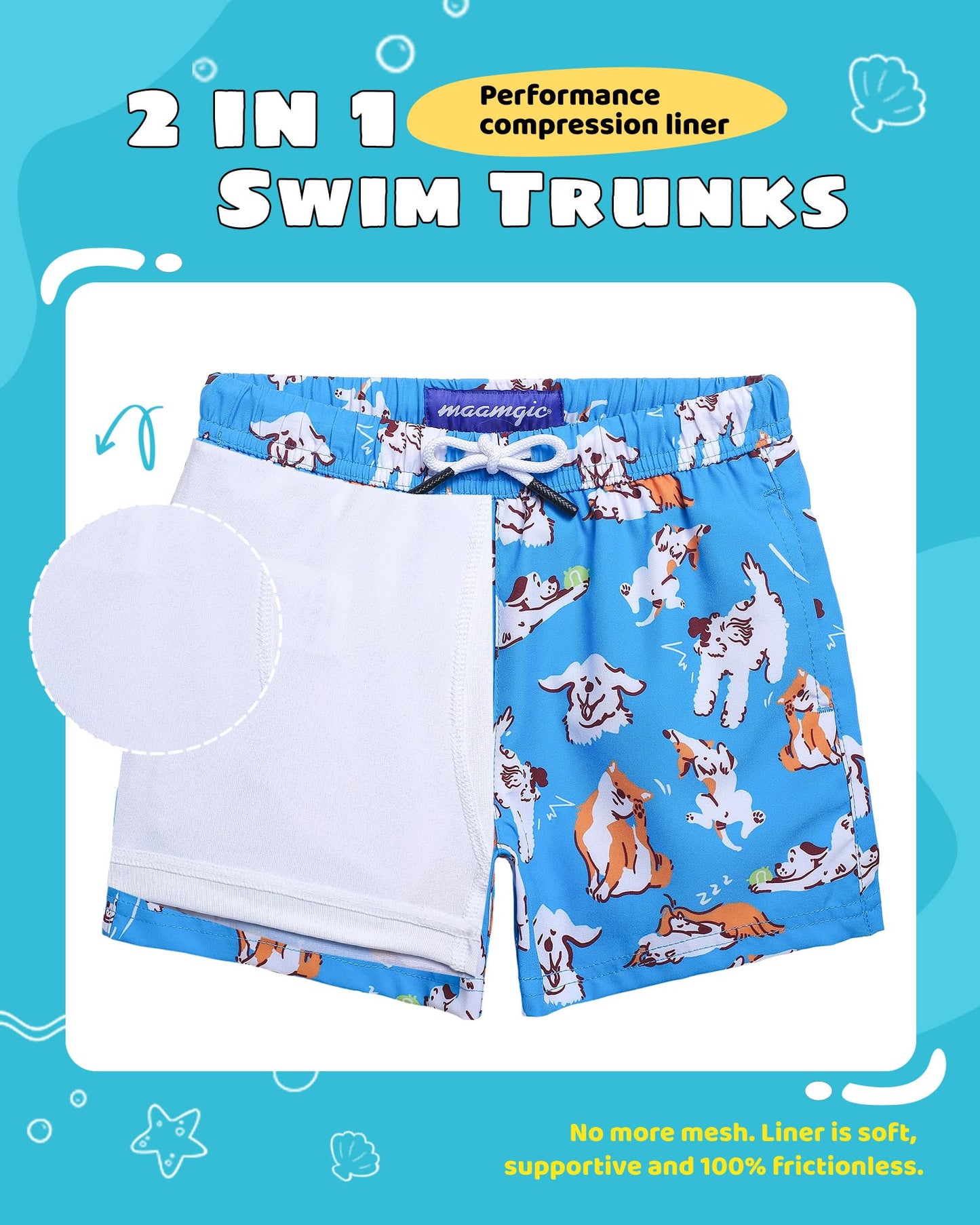 maamgic Boys Swim Trunks with Compression Liner Toddler Stretch Swim Shorts Quick Dry Swimming Trunks Boxer Brief 2 in 1 Beach Shorts Blue Doggy 3T