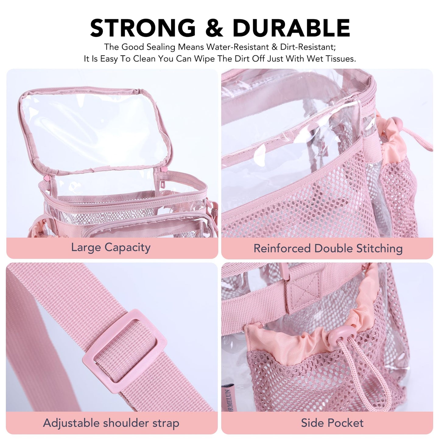 BORMELUN Clear Lunch Bag for Work - Heavy Duty Transparent Lunch Box for Men and Women - Stadium Approved for Correctional Officers Plastic Lunch Bag (pink)