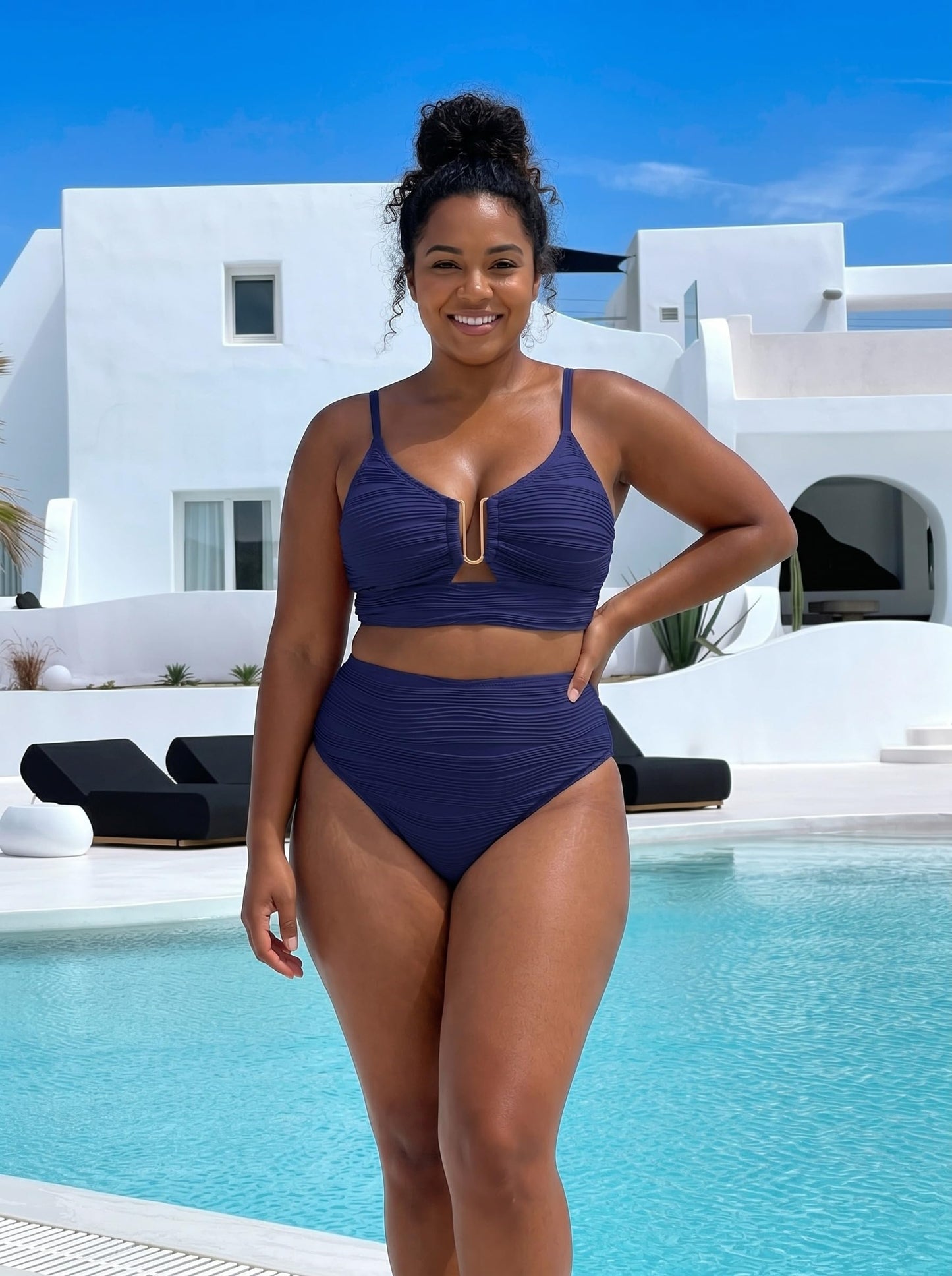 Herseas Women's Ribbed Bikini Set Spaghetti Strap U Wire V Neck 2 Piece Swimsuits High Waisted 2026 Beach Fashion Outfits Crisscross Back Beautiful Bathing Suit Navy Blue Large