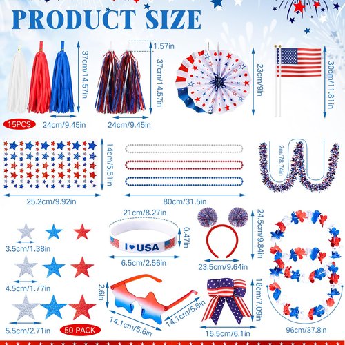 Simgoing 33 Pcs 4th of July Parade Bike Decoration Kit Patriotic Tinsel Garland Streamer Red White Blue Headband Necklace Bracelet American Flag Bow for Memorial Independence Day Bike Party Favors