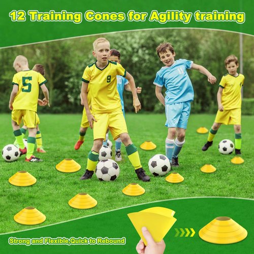 Collapsible Soccer Goal, 12×6 ft Portable Soccer Goal Net for Backyard, Quick Setup Soccer Goals with 1 Carry Bag, 1 Agility Ladder, 4 Ground Nails,12 Training Cones (Yellow)